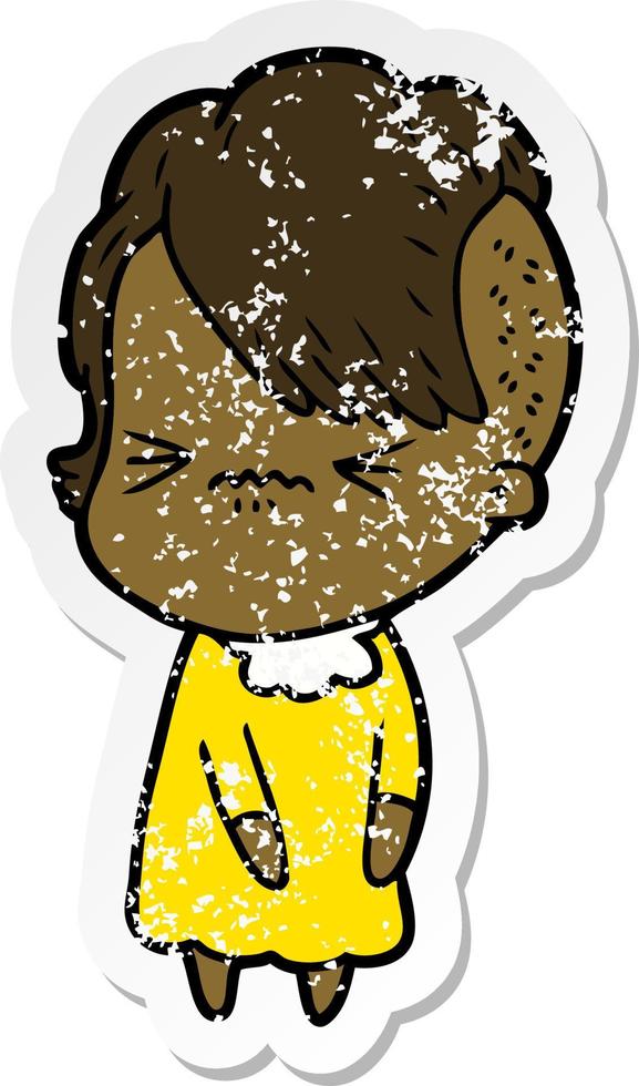 distressed sticker of a cartoon annoyed hipster girl vector