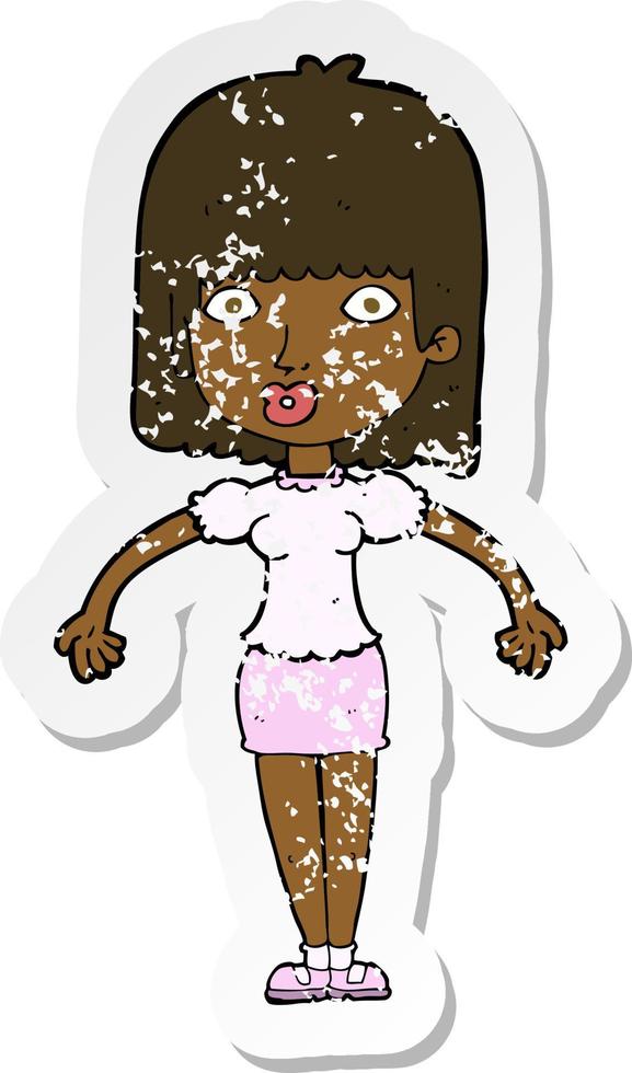 retro distressed sticker of a cartoon woman shrugging shoulders vector