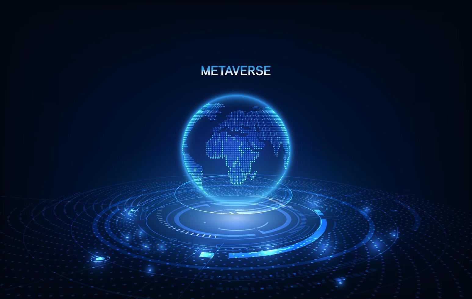 Metaverse, virtual reality, augmented reality and blockchain technology, user interface 3D experience. Word metaverse with world map globe in futuristic environment background. vector