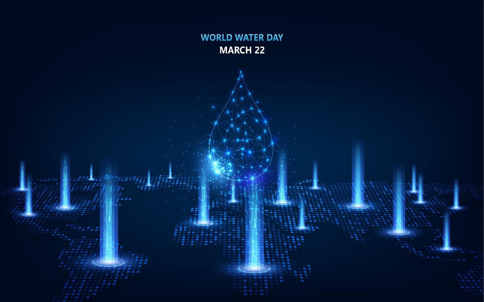 World water day concept. Banner template with glowing low poly water drop. Vector illustration