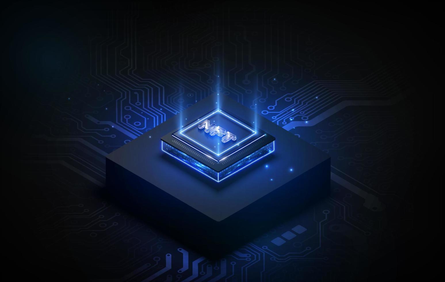 texto token nft en el chip de la cpu con fondo de placa de circuito digital. El concepto de nft se vuelve más popular y conocido. producto de tecnología de moneda criptográfica vector