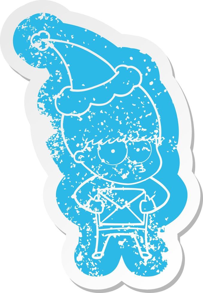 nervous cartoon distressed sticker of a boy wearing santa hat vector