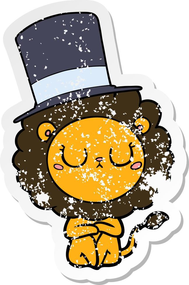 distressed sticker of a cartoon lion wearing top hat vector