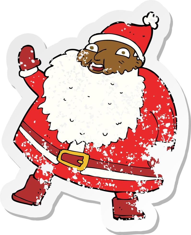 retro distressed sticker of a funny waving santa claus cartoon vector