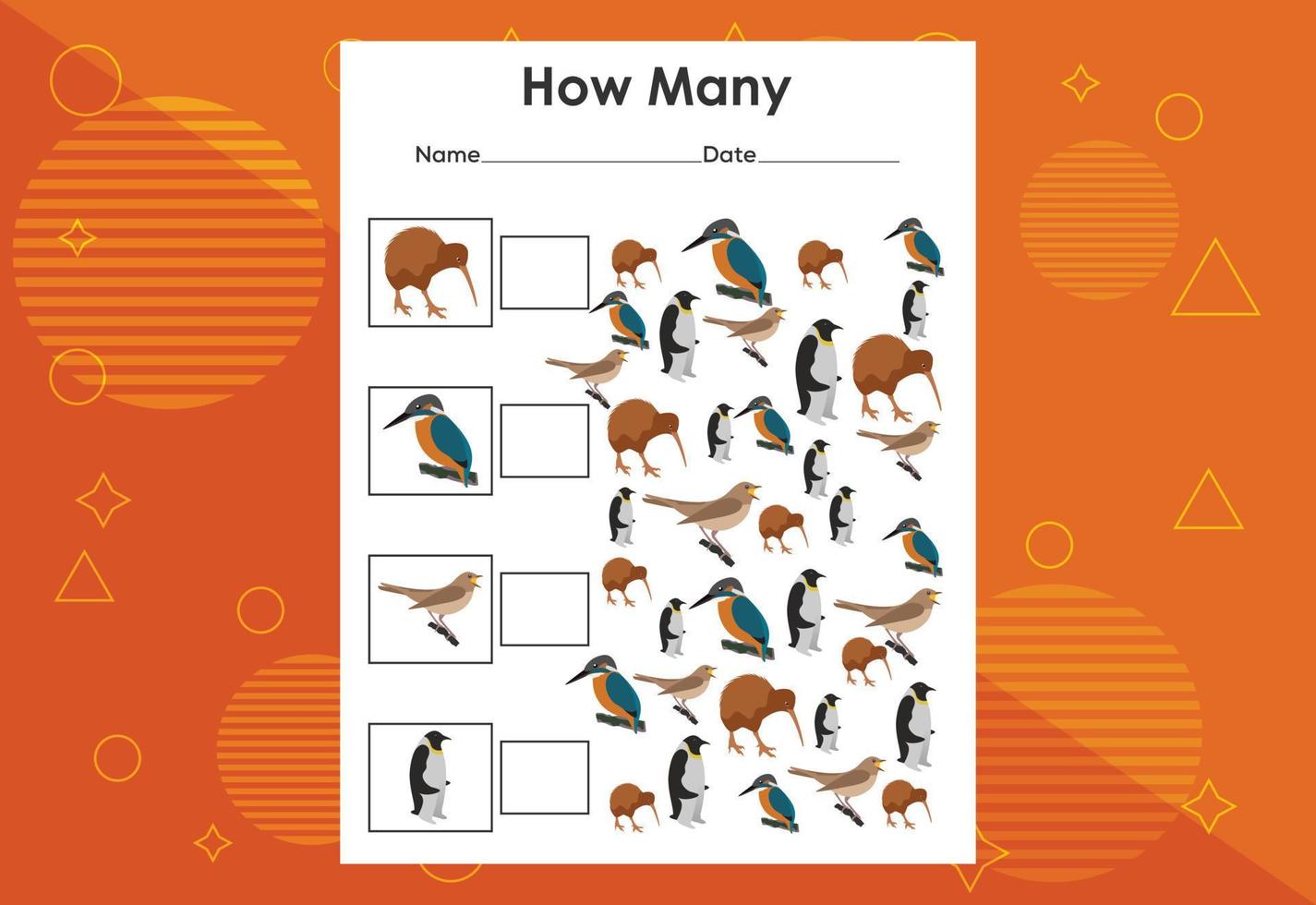 How many bird tasks. Educational children's game worksheet vector