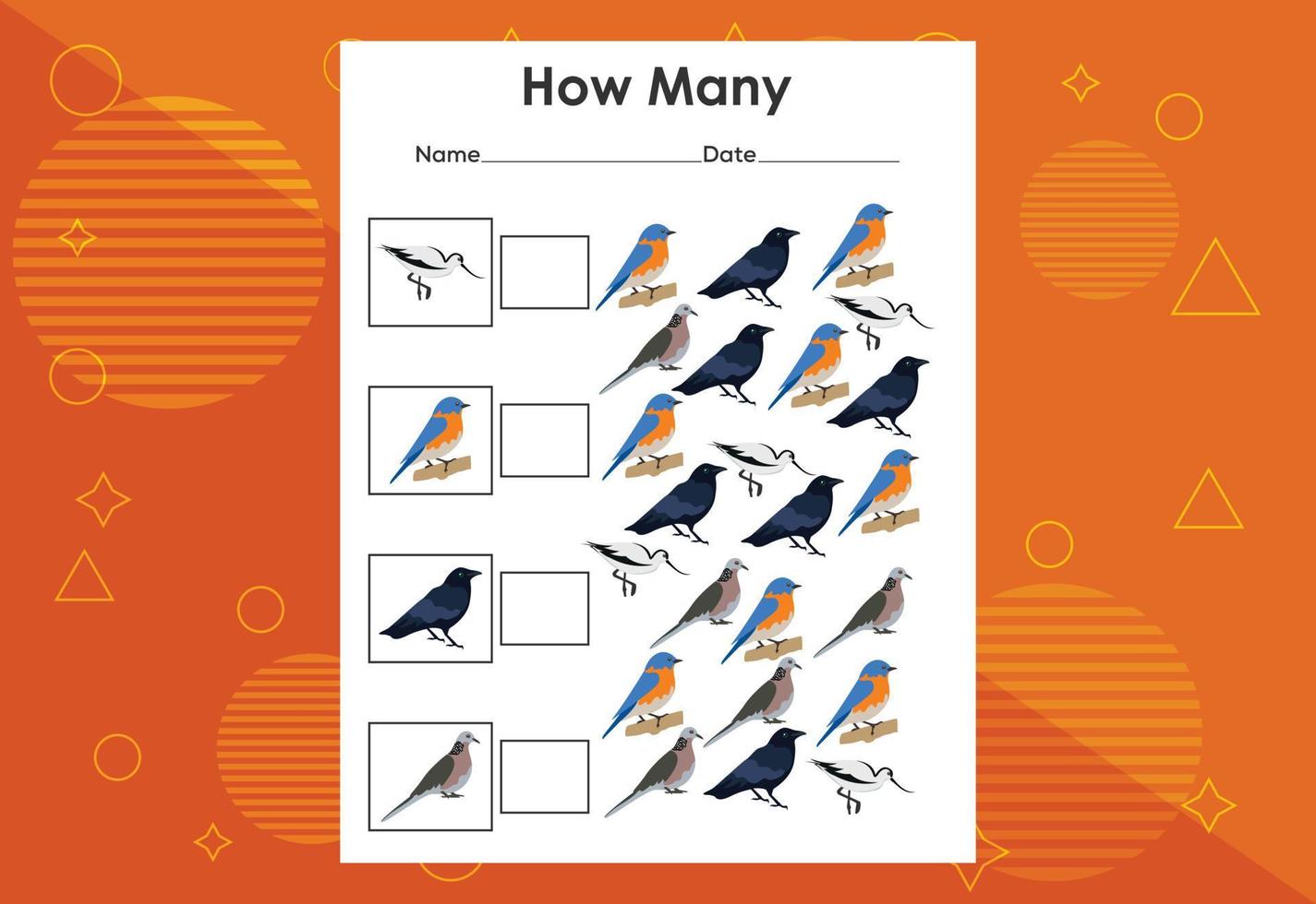 How many bird tasks. Educational children's game worksheet vector