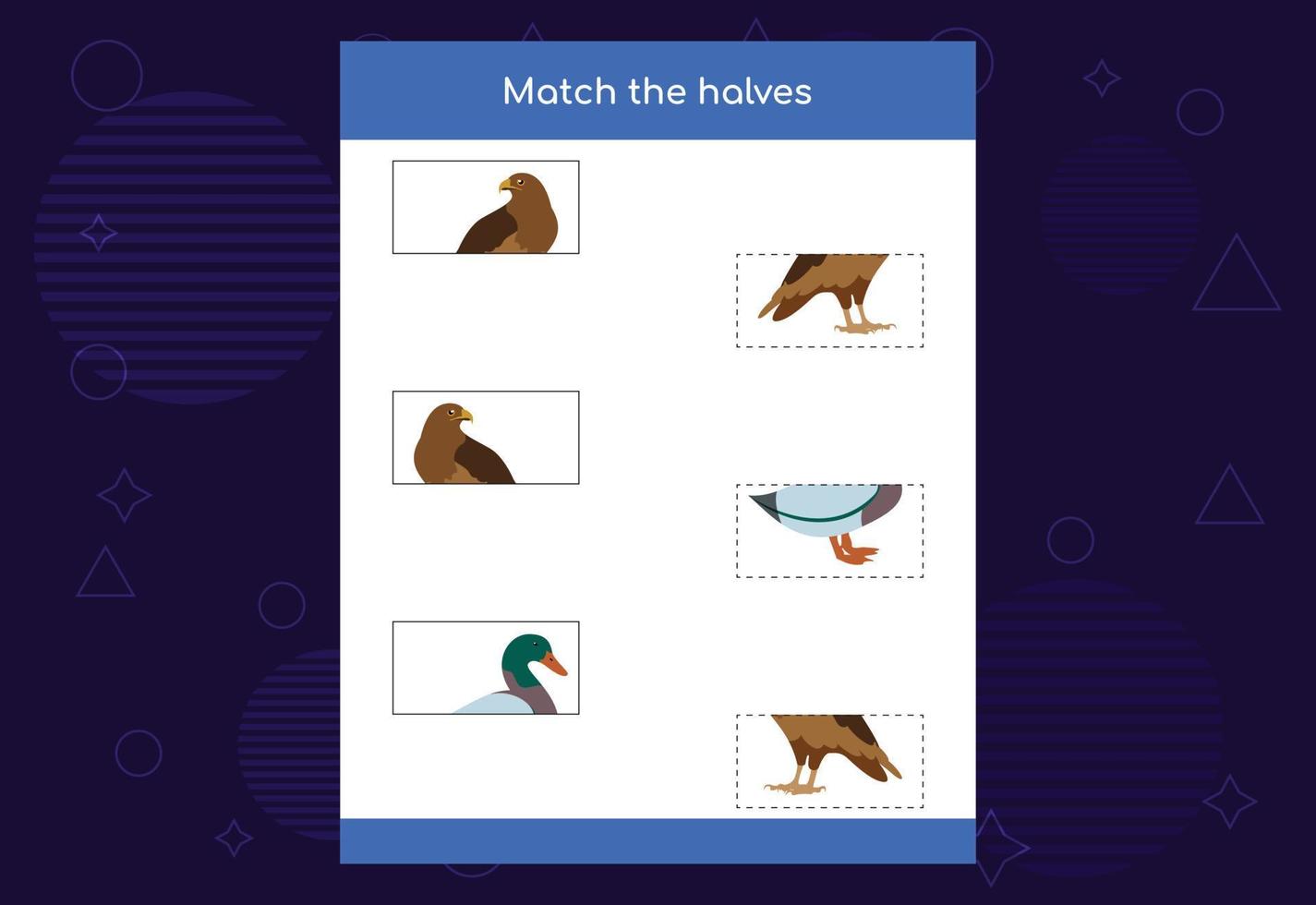 Matching game. Match halves of Birds. Educational game for children, printable worksheet vector