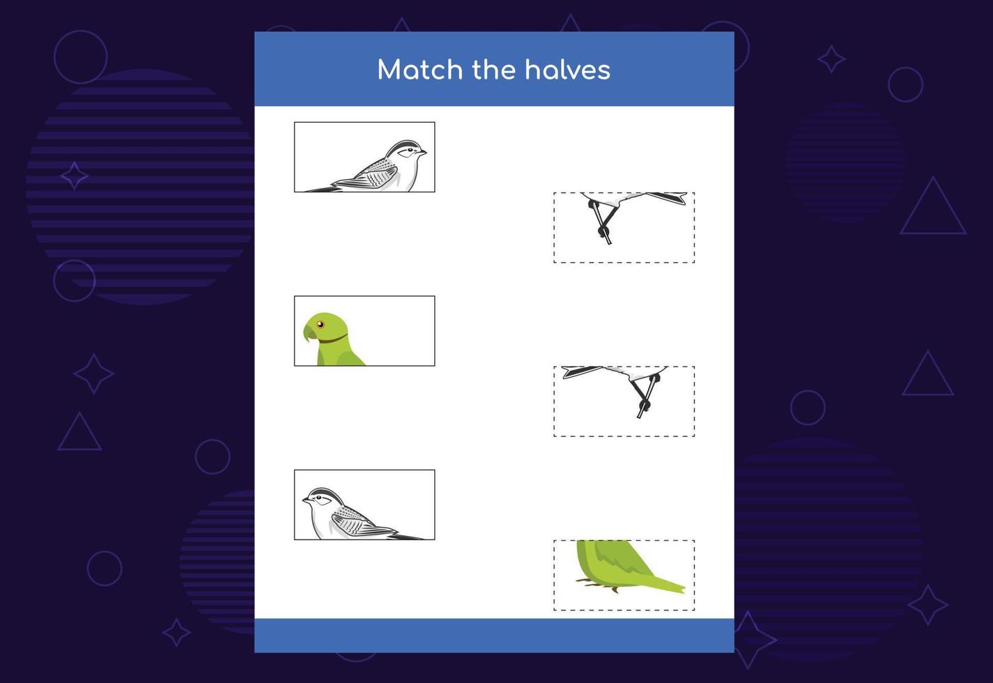 Matching game. Match halves of Birds. Educational game for children, printable worksheet vector