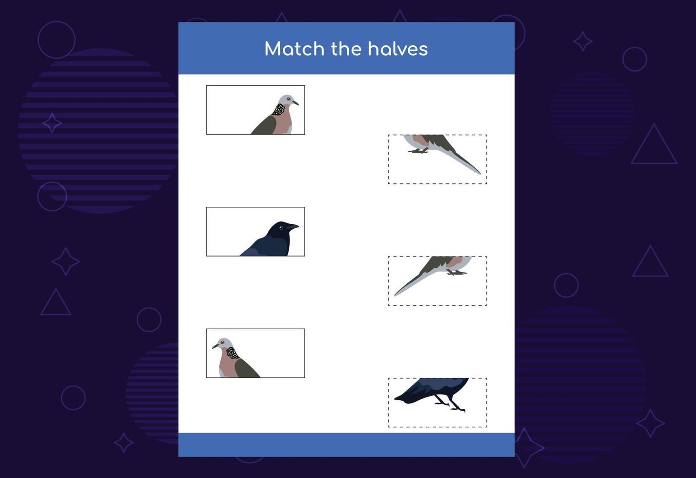 Matching game. Match halves of Birds. Educational game for children, printable worksheet vector