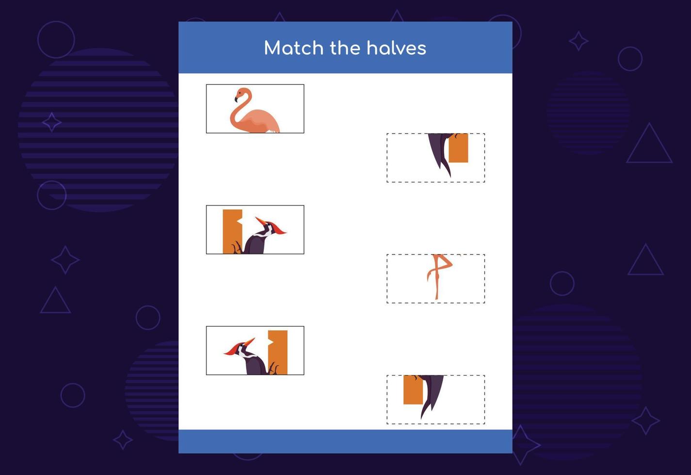 Matching game. Match halves of Birds. Educational game for children, printable worksheet vector