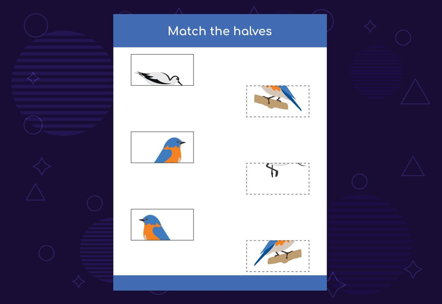 Matching game. Match halves of Birds. Educational game for children, printable worksheet vector