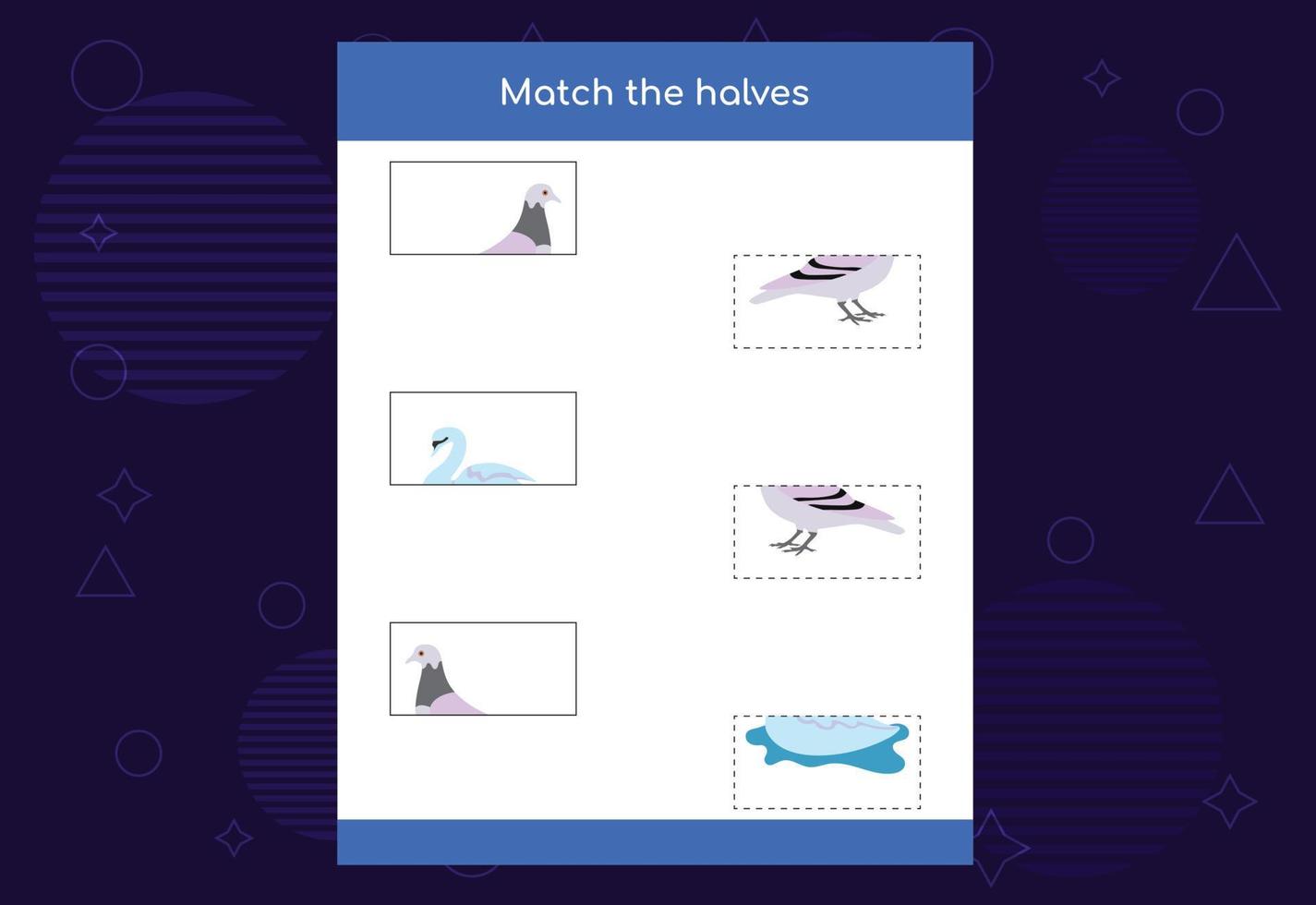 Matching game. Match halves of Birds. Educational game for children, printable worksheet vector