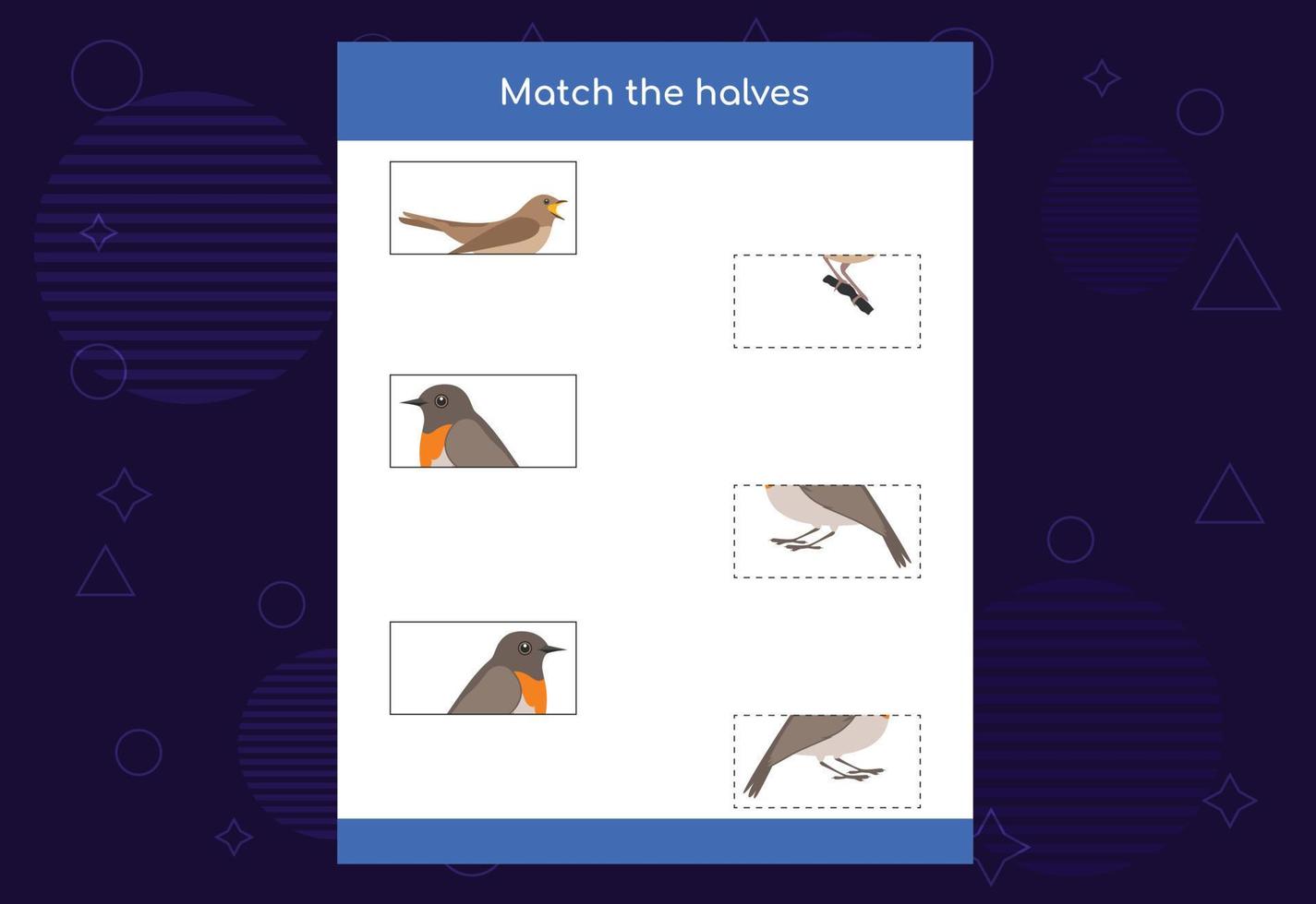 Matching game. Match halves of Birds. Educational game for children, printable worksheet vector