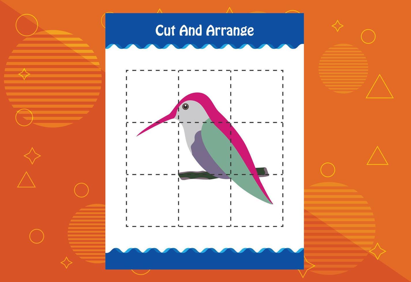 Cut and arrange with a bird worksheet for kids. Educational game for children vector