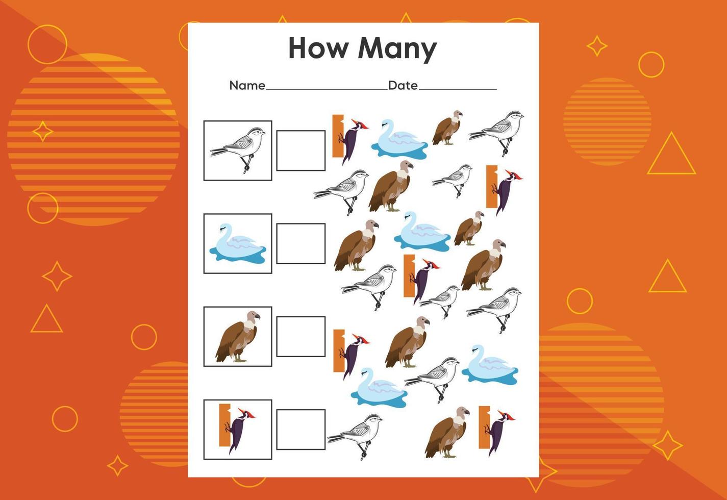 How many bird tasks. Educational children's game worksheet vector
