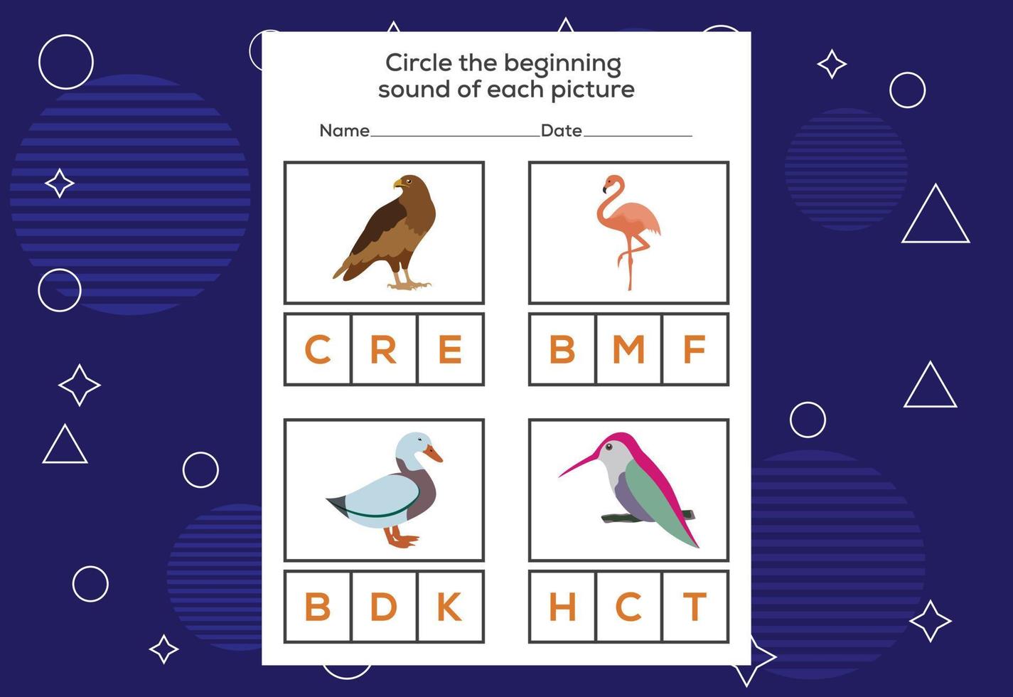 Circle the beginning sound of each bird. Educational game for kids vector