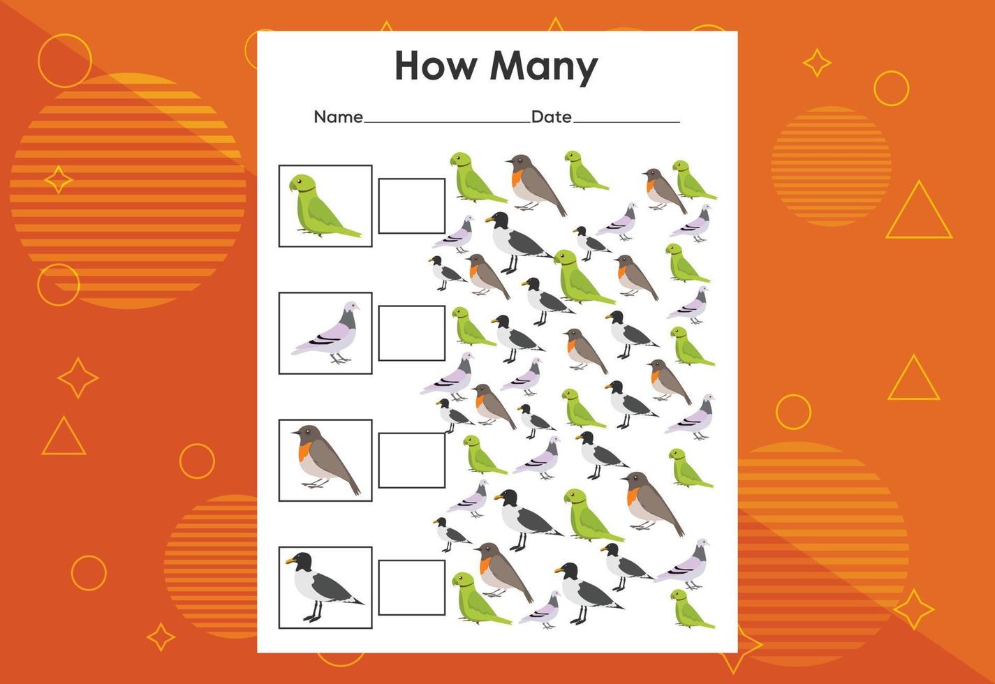 How many bird tasks. Educational children's game worksheet vector