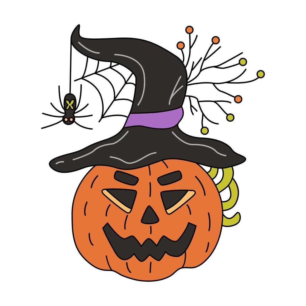 Vector hand drawn illustration of a Jack O lantern with witch hat and spider.  Great for Halloween cards and posters.