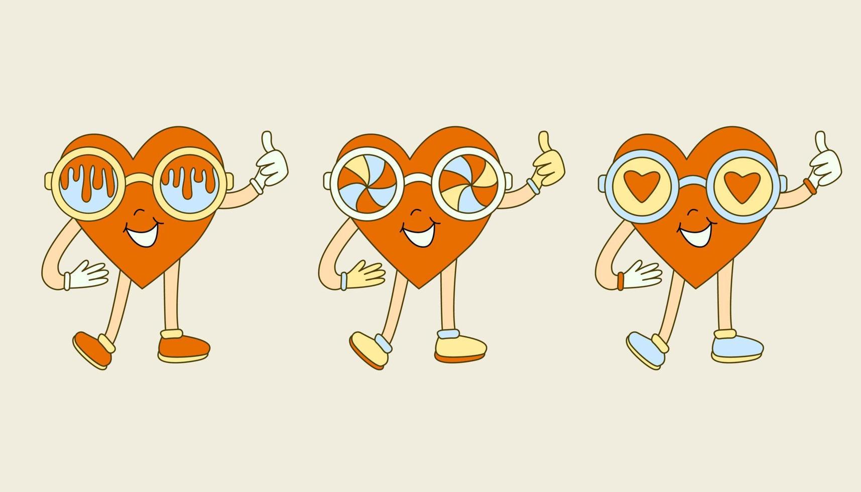 Hippie vibe poster with heart shaped characters wearing psychedelic sun or eye glasses. Retro 70s  vector illustration. Groovy cartoon style.