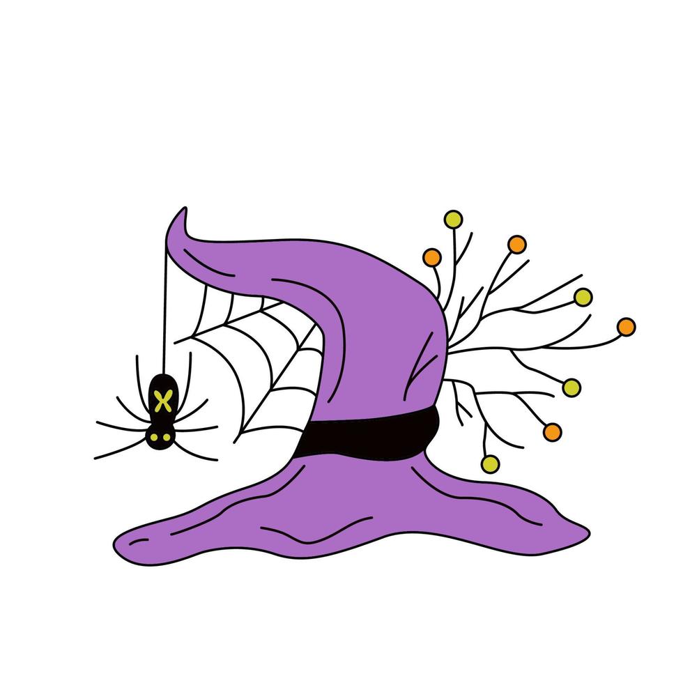 sombrero de bruja púrpura decorado con ramas de árboles y telaraña. ilustración vectorial dibujada a mano. genial para el diseño de halloween. vector