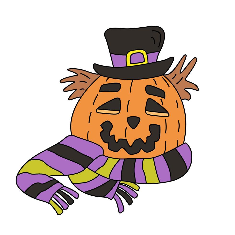 ilustración dibujada a mano vectorial de una calabaza jack o linterna con un sombrero y una bufanda a rayas. genial para el diseño de halloween. vector