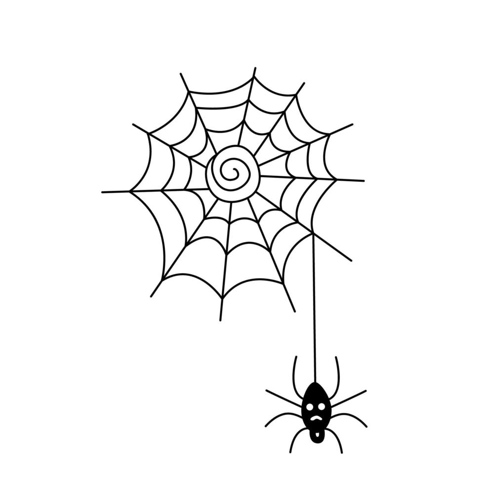 Spider web in doodle hand drawn style. Vector illustration, isolated black outline. Great for Halloween design