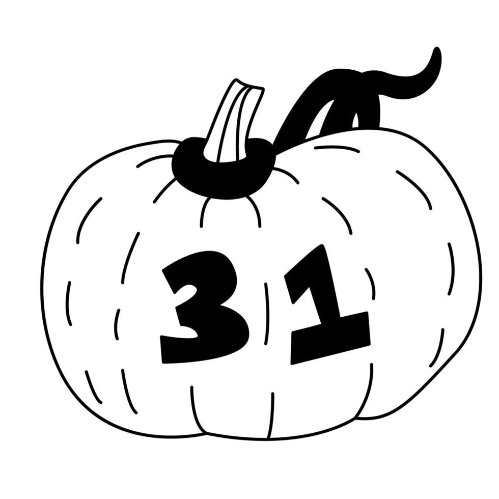 ilustración vectorial de una calabaza con el número 31. letras dibujadas a mano, color negro. genial para el diseño de halloween. vector