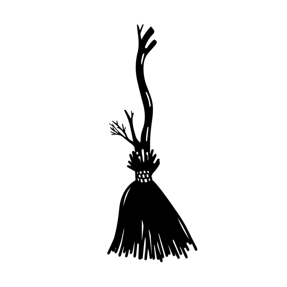 Witch broom. Hand drawn black vector illustration. Great for Halloween design.