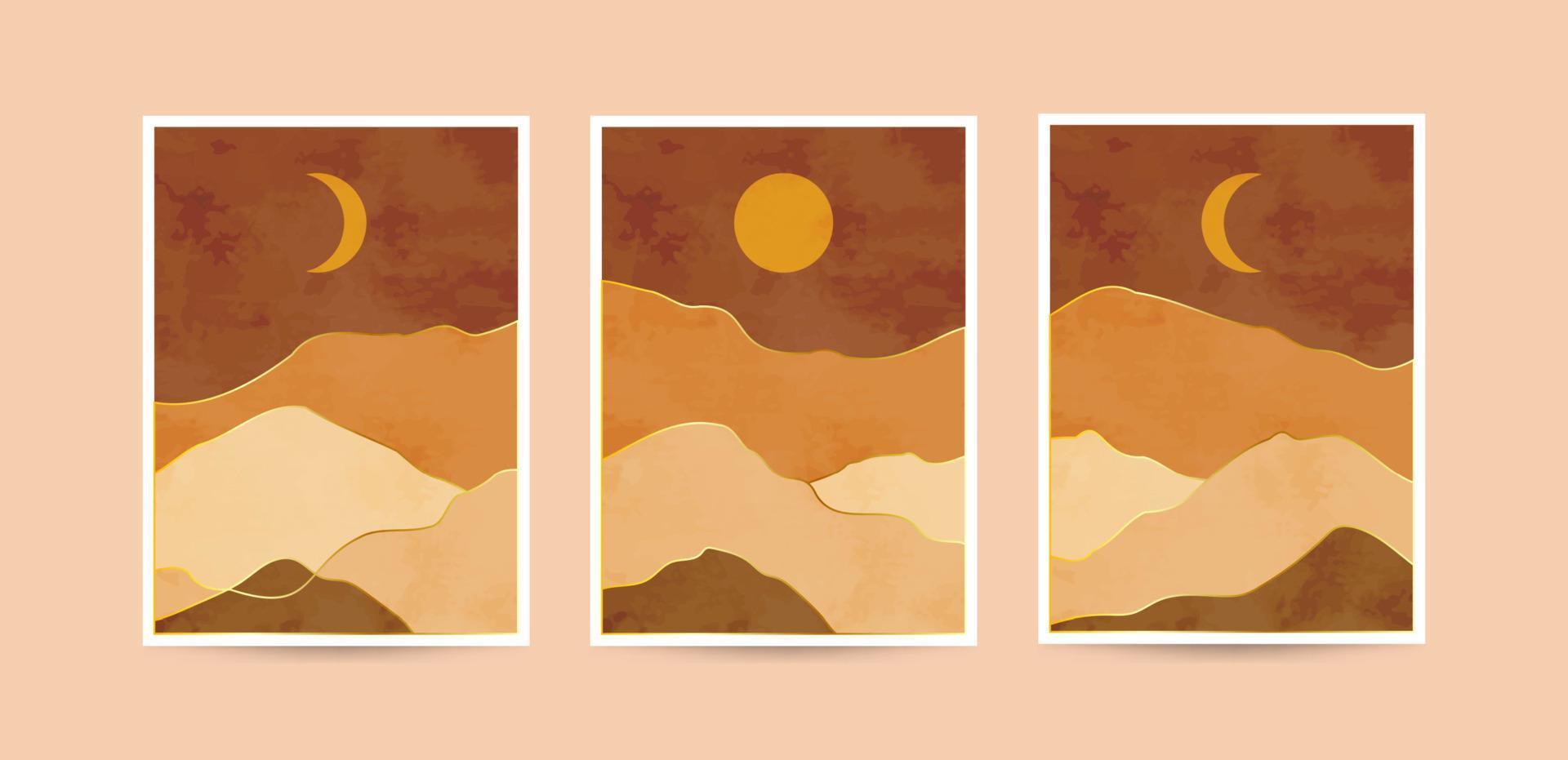 colección de impresión de arte boho estético de paisaje de montaña abstracto. decoración de paredes fondo de diseño plano minimalista de mediados de siglo. vector