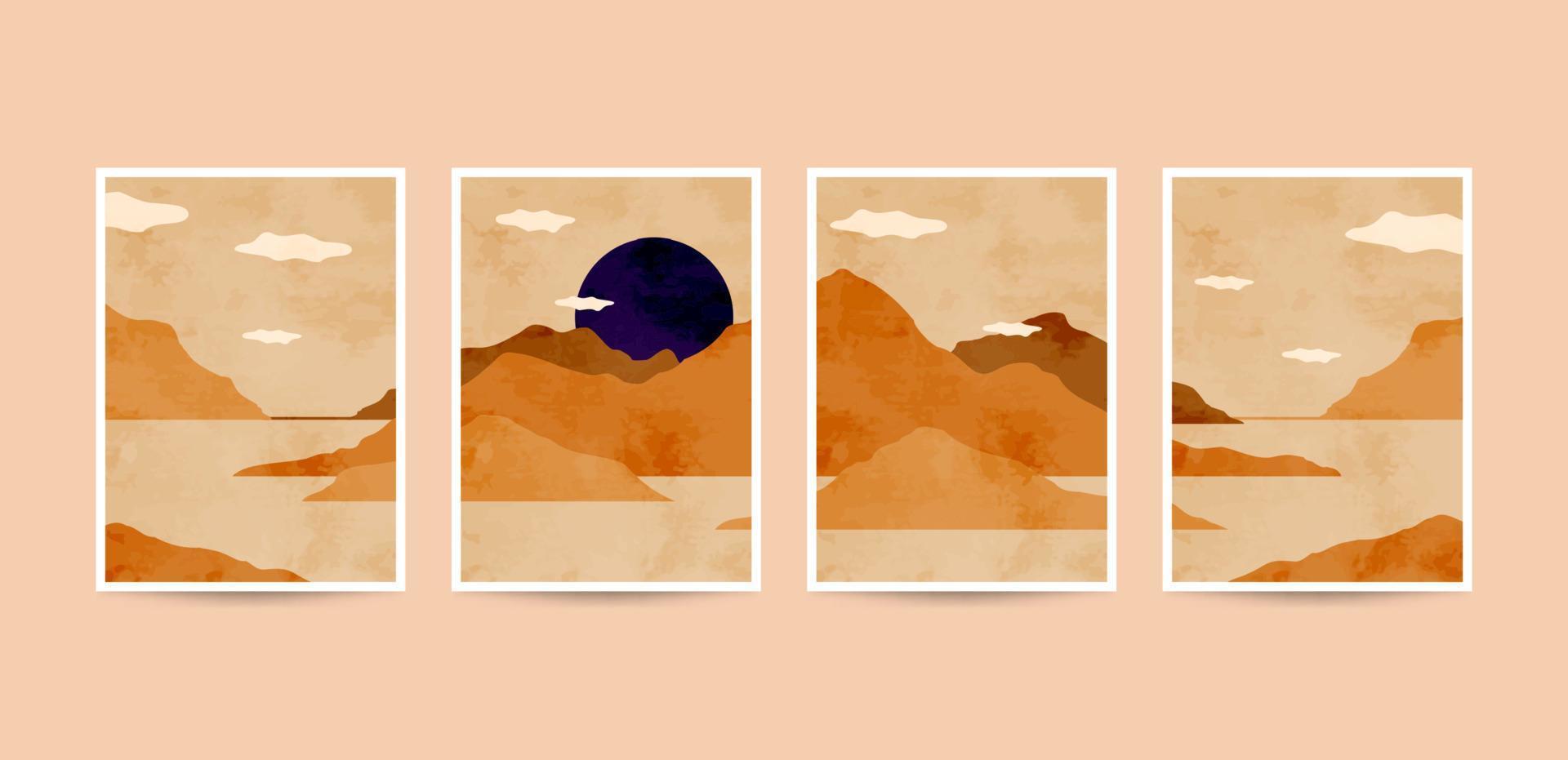 Abstract mountain landscape aesthetic boho art print collection. Wall decor mid century minimalist flat design background. vector