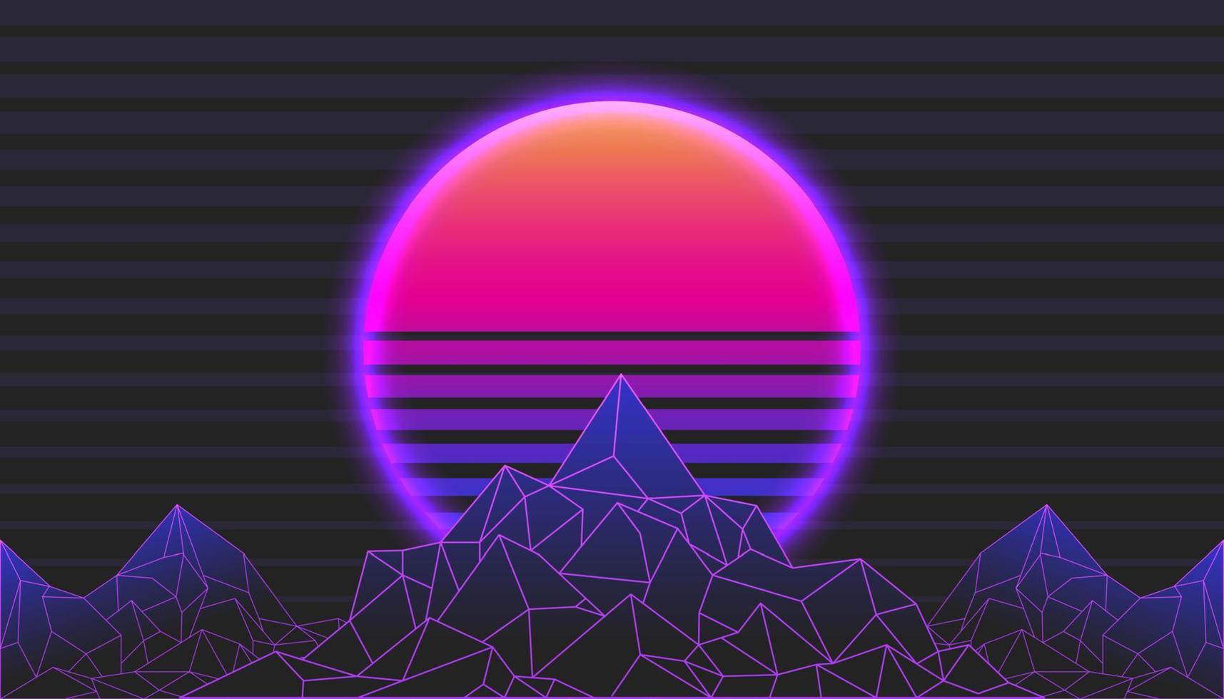 paisaje de montaña de fondo retro estilo años 80. onda sintética, microondas, neón cibernético. vector