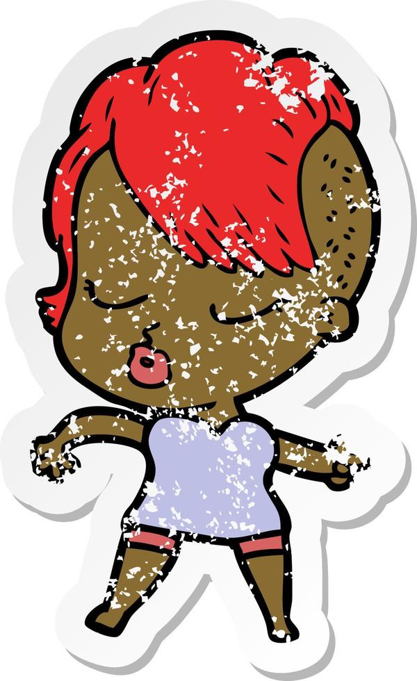 distressed sticker of a cartoon pretty hipster girl vector