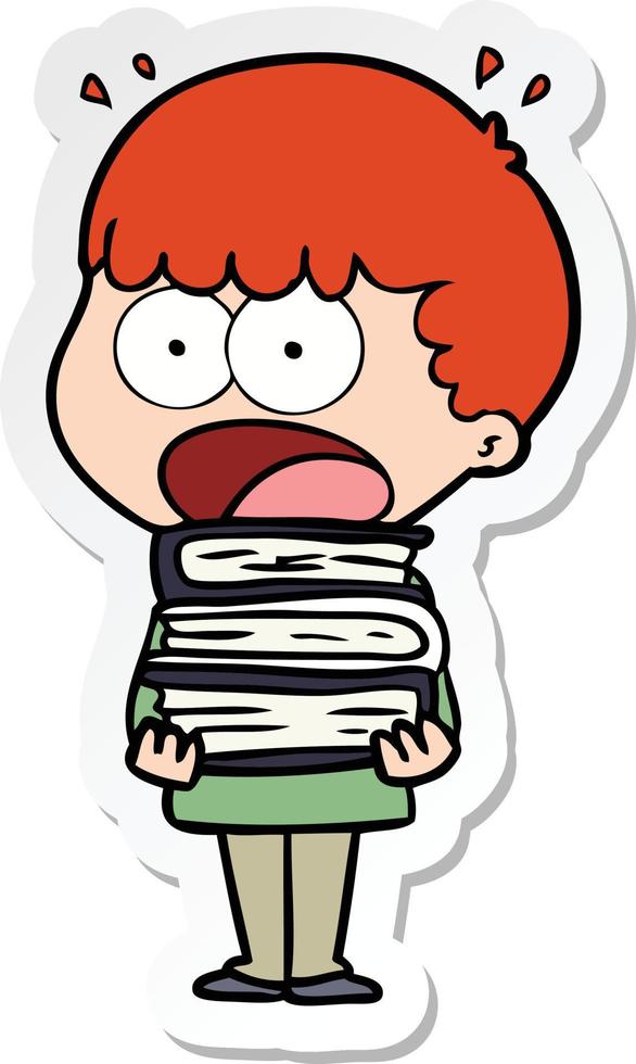 sticker of a cartoon shocked boy with stack of books vector