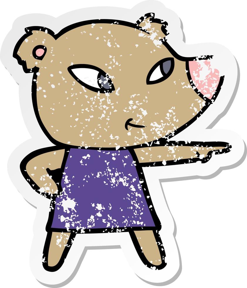 distressed sticker of a cute cartoon bear in dress vector