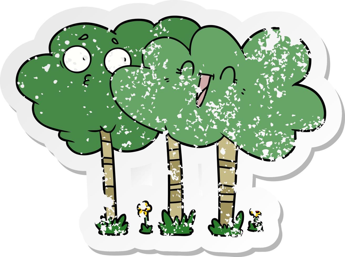 distressed sticker of a cartoon trees with faces vector