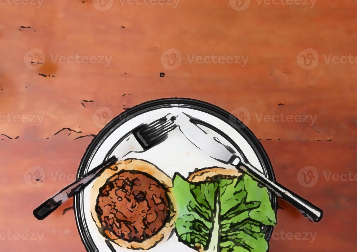 Comic style painting of a healthy burger on a white plate photo