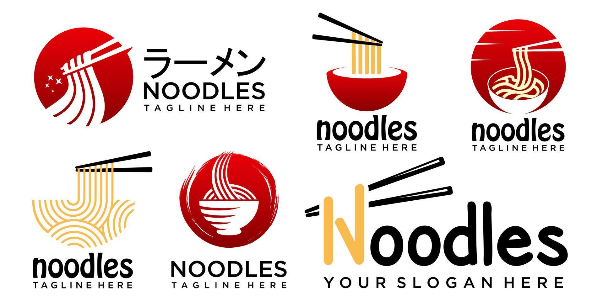 noodles icon set logo design vector with red bowl