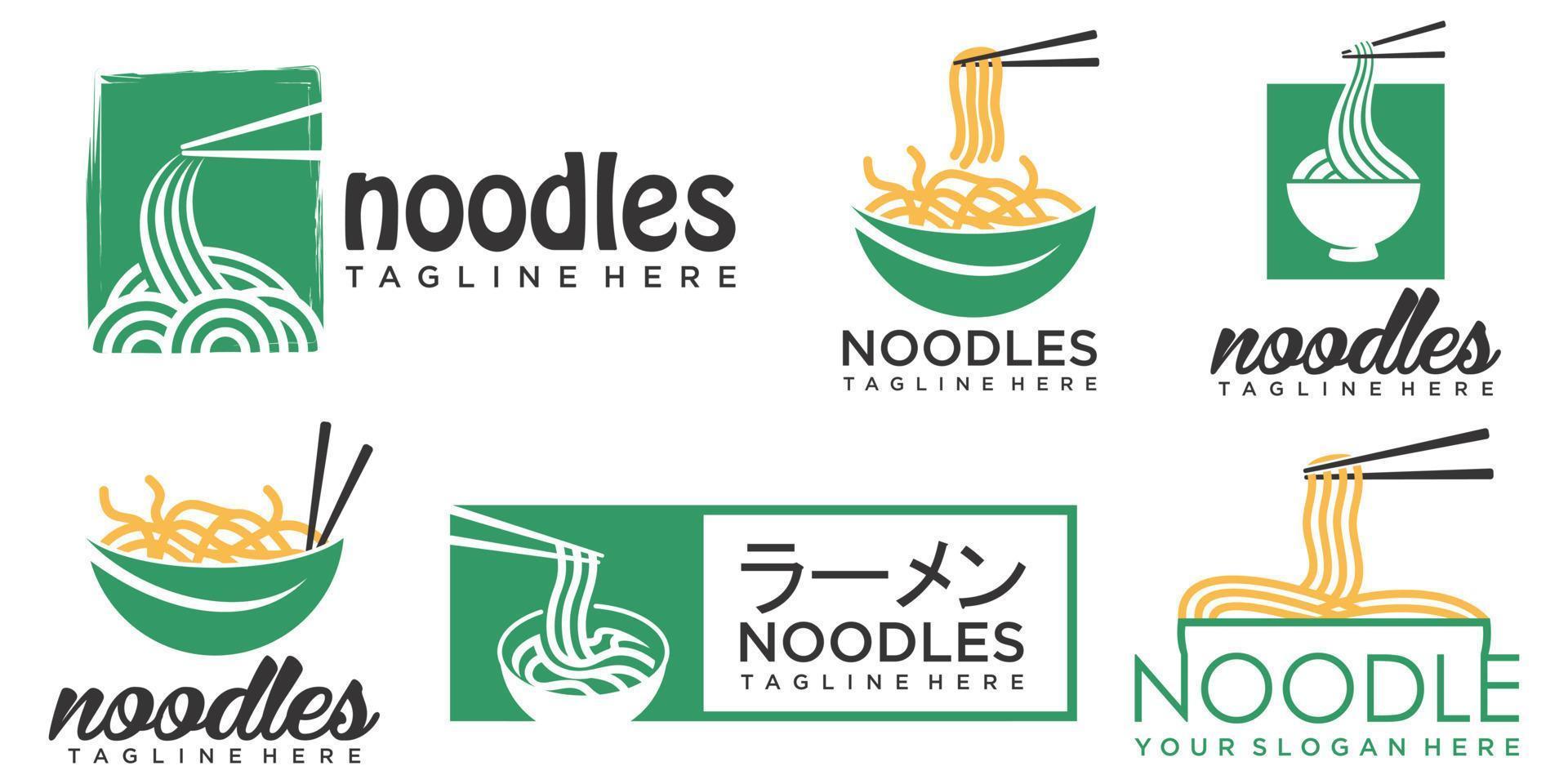noodle icon set logo with the green leaves, chopstick concept vector