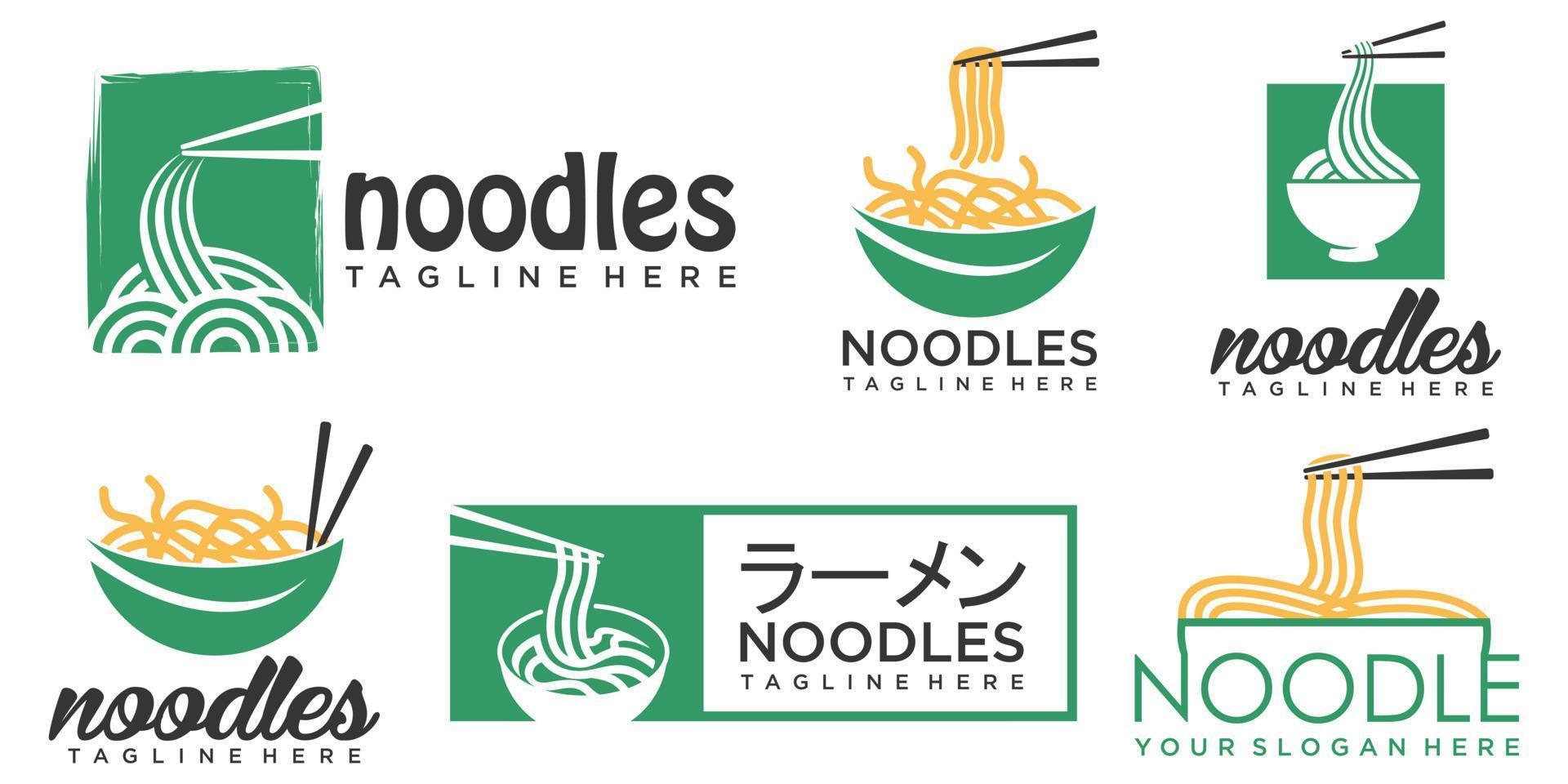 logotipo de conjunto de iconos de fideos con hojas verdes, concepto de palillos vector