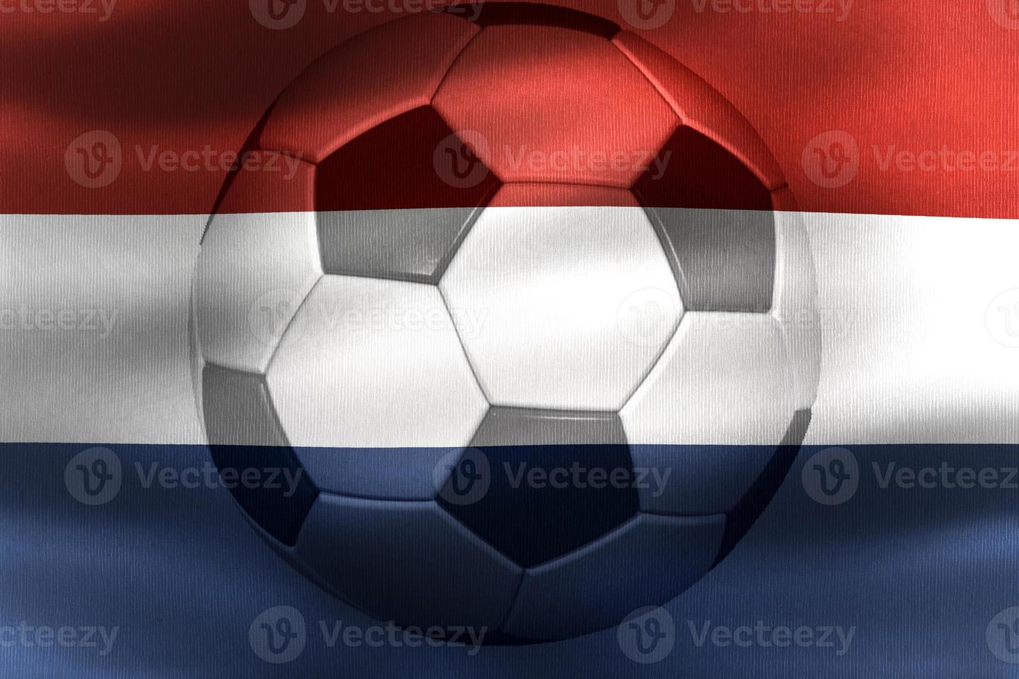 3D-Illustration of a Netherlands flag with a soccer ball moving in the wind photo