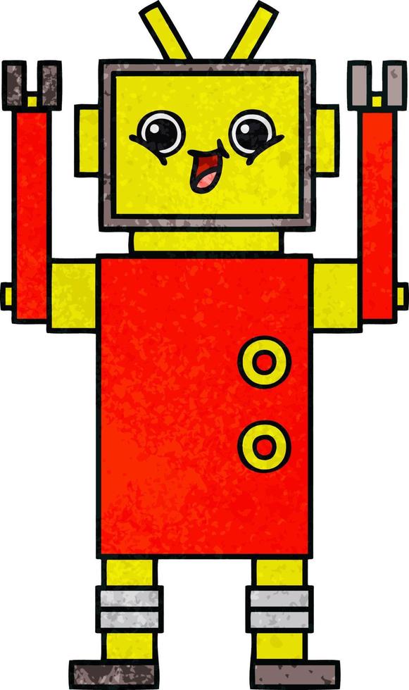 retro grunge texture cartoon happy robot vector
