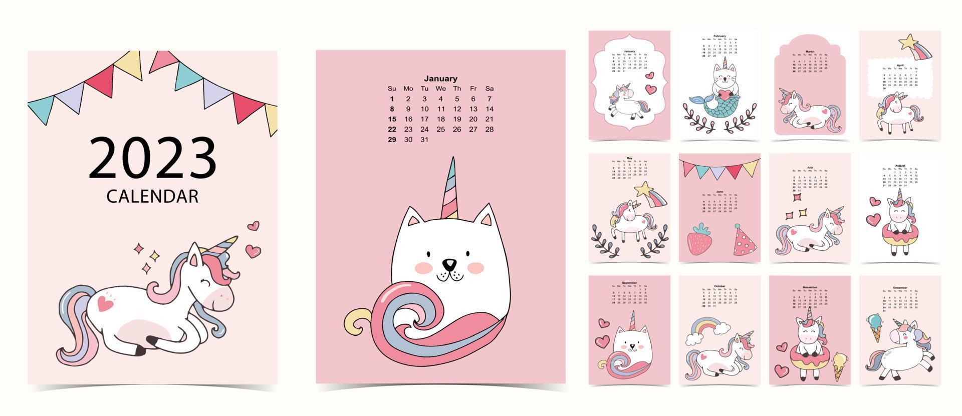 La semana del calendario de mesa 2023 comienza el domingo con unicornio que se usa para tamaño a4 a5 digital e imprimible vertical vector