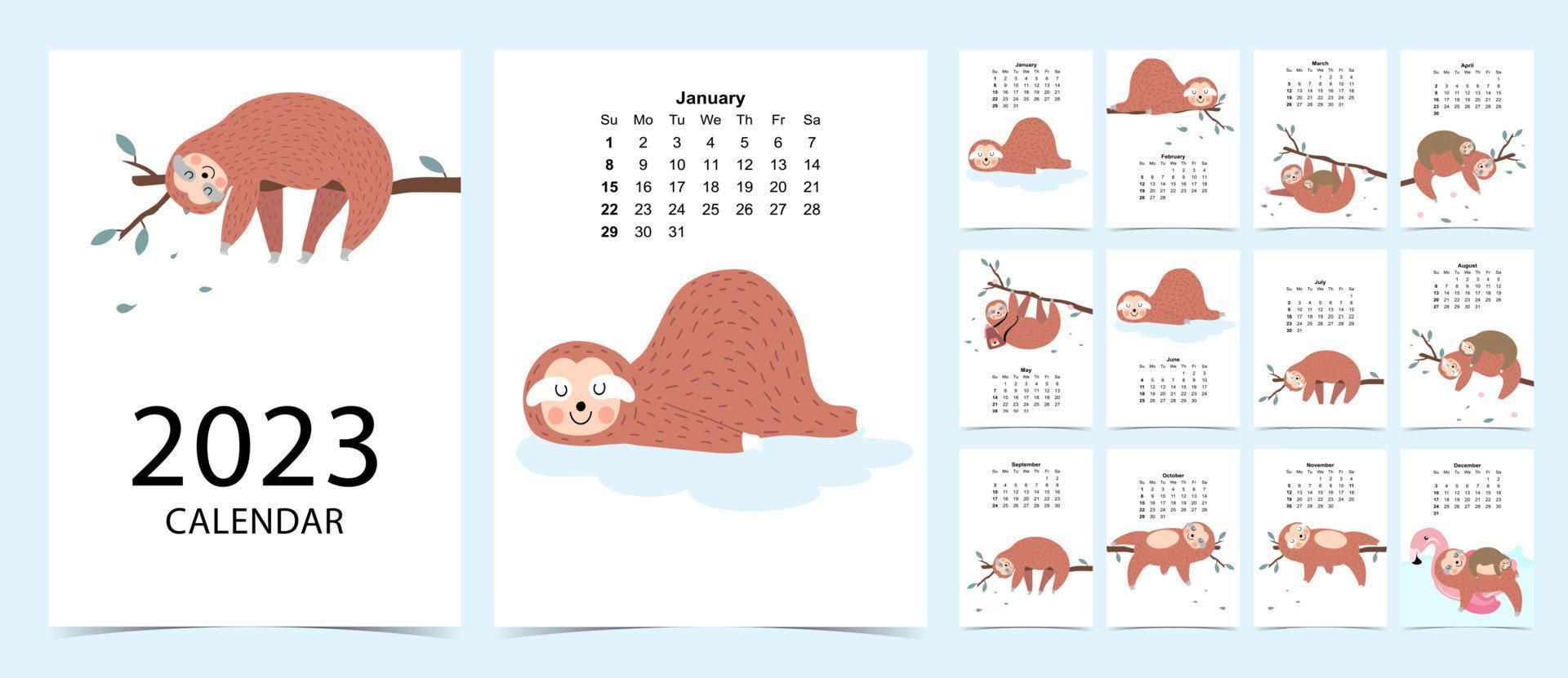 2023 table calendar week start on Sunday with sloth that use for vertical digital and printable A4 A5 size vector