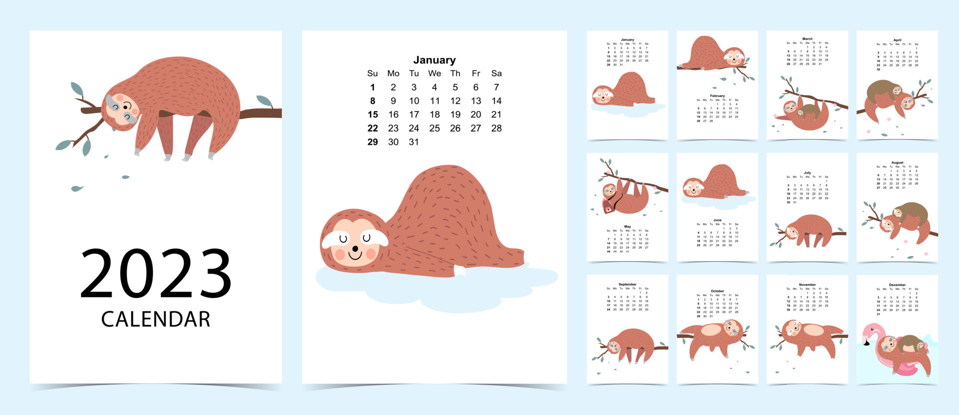 2023 table calendar week start on Sunday with sloth that use for