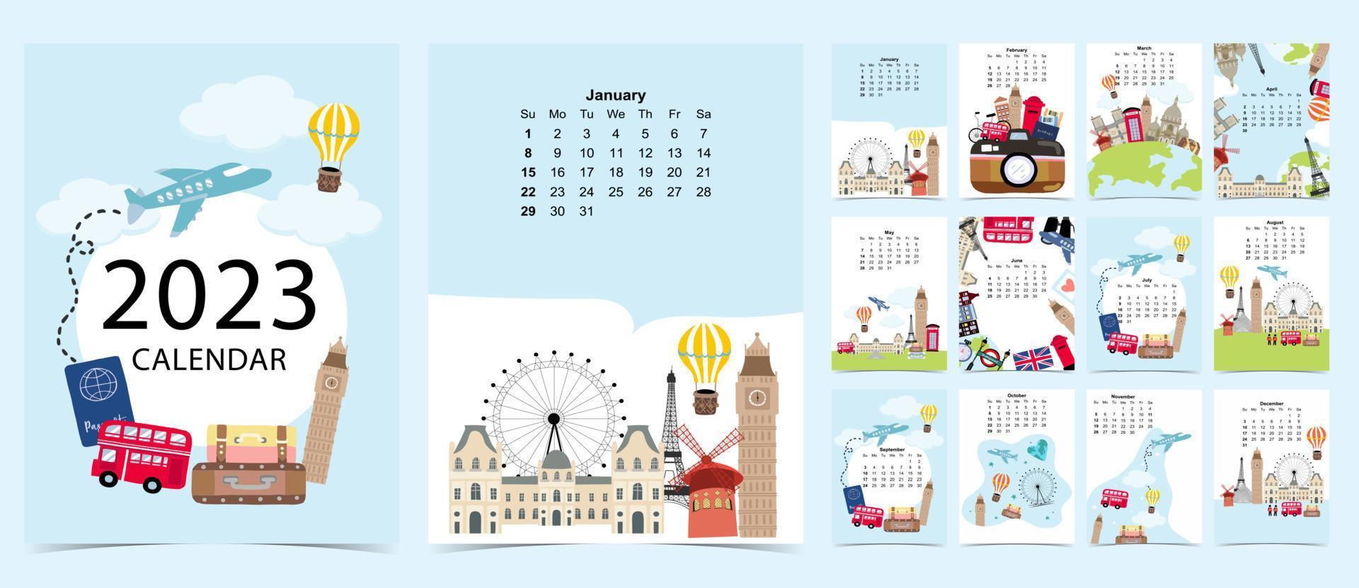 La semana del calendario de mesa 2023 comienza el domingo con viajes que se usan para tamaño a4 a5 digital e imprimible vertical vector