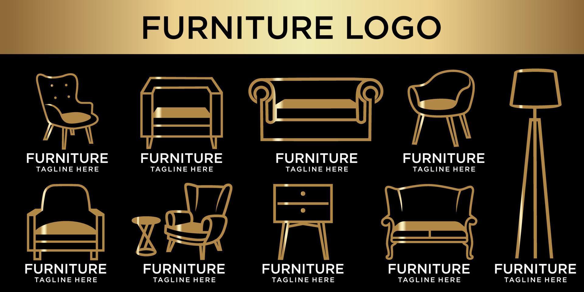 Elegant furniture icon set logo with golden couch vector