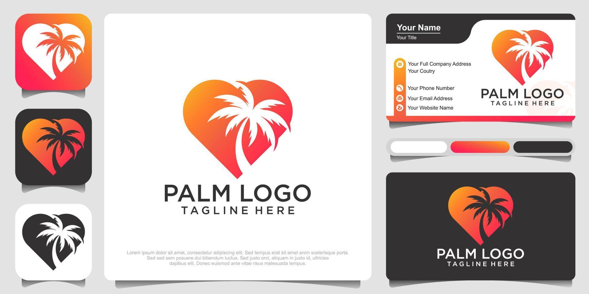 diseño de logotipo de playa tropical y palmera en forma de corazón.con tarjeta de visita vector