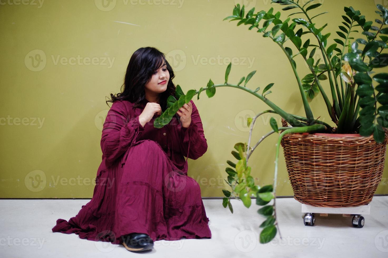 atractiva mujer del sur de Asia con un vestido de color rojo intenso posó en el estudio sobre un fondo verde con vegetación. foto