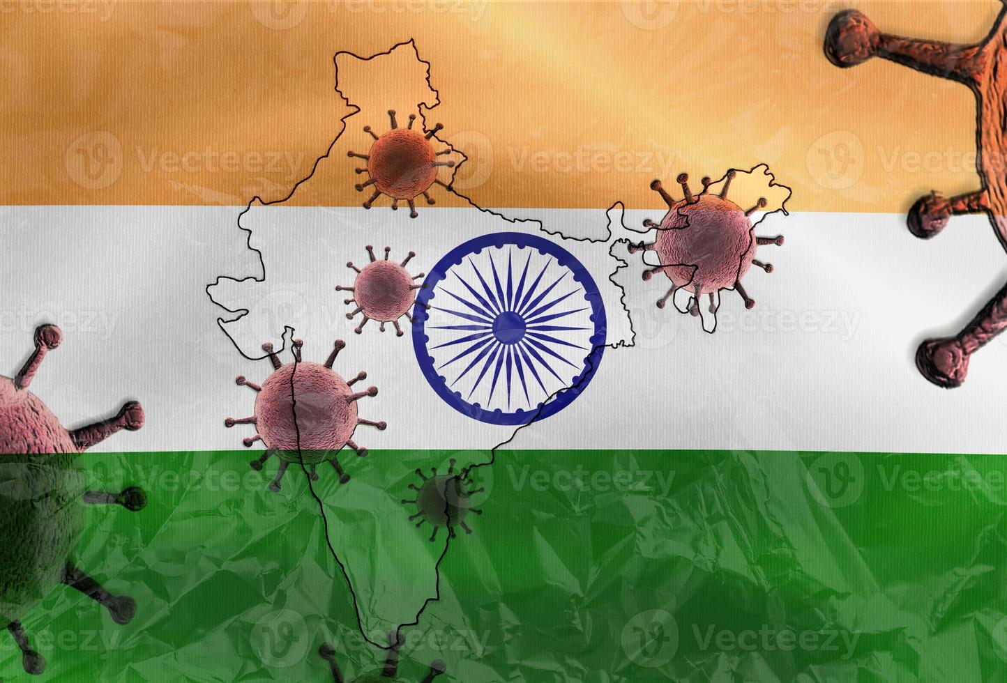 3D-Illustration of an India flag with corona mutation virus on it. photo