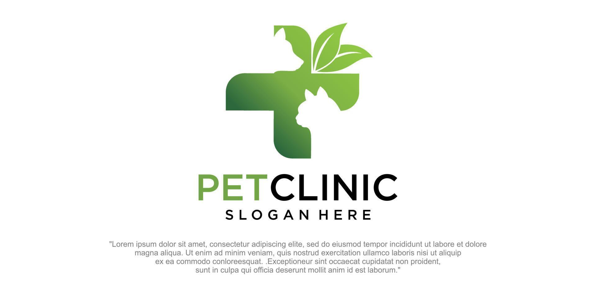 plantilla de diseño de logotipo de clínica de mascotas. gato y perro vector silueta combinación hoja naturaleza